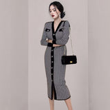 Women Maxi Dress Autumn and Winter V-neck Slim Houndstooth Knitted Dress