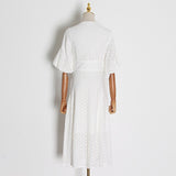 Women Dresses V-neck Lantern Sleeve Single Row Embroidery Hollow Dress (Qymy0409)