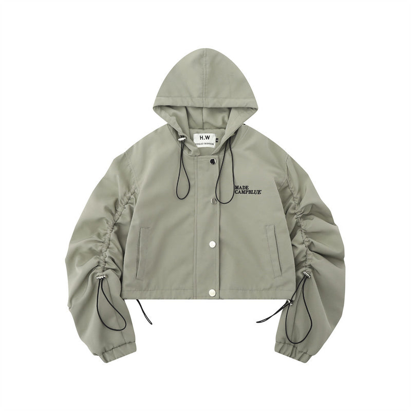 Women Jacket Pleated Drawstring Long Sleeve Hooded Cardigan Coat