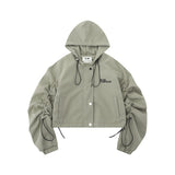 Women Jacket Pleated Drawstring Long Sleeve Hooded Cardigan Coat