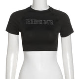 Women T-shirt Summer round Neck Short Sleeves Short Letters Bare Midriff Slim Fit T-shirt
