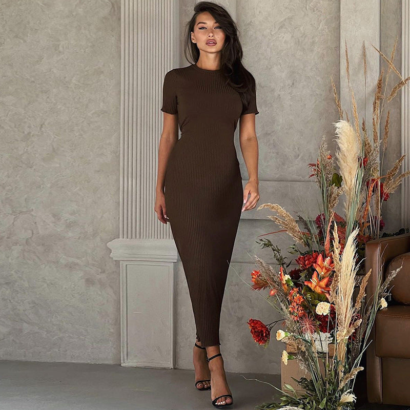 Women Dresses Winter Crew Neck Slim Back Lace-up Long Sleeve Dress