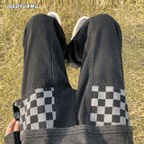 Men Jeans Retro Wide-Leg Pants Chessboard Plaid Jeans