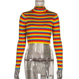 Women Knitted Sweater Spring and Autumn Turtleneck Long Sleeve Striped Sexy Short Sweater Sweater