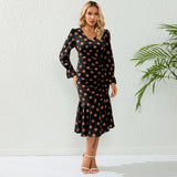 Women Date Dress Autumn and Winter Dress Sexy V-neck Polka Dot Printing Long-Sleeved Fishtail Dress