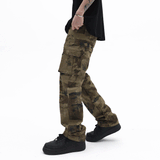 Men Sweatpants Retro Overalls Loose Straight Multi-Pocket Casual Trousers