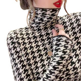 Women Knitted Pullover Autumn Winter Sweater Houndstooth Slim-Fit Turtleneck Top