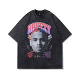 Men T Shirt Rap Portrait Printing Washed Distressed Short Sleeve T-shirt