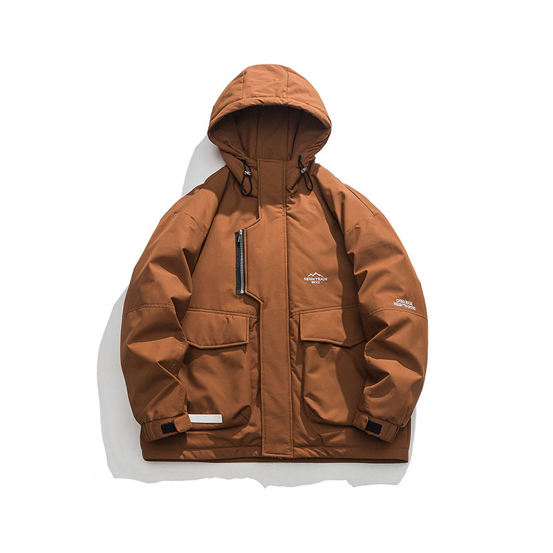 Unisex Winter Cotton Coat Three-Dimensional Pocket Hooded down Jacket Retro Workwear down Jacket