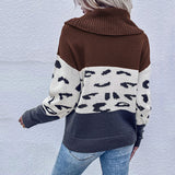 Women Knitted Sweater Autumn and Winter Leisure Leopard Print Contrast Color Long Sleeve Pullover