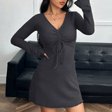 Women Dress Long Sleeve Hip Skirt V-neck Sexy Dress