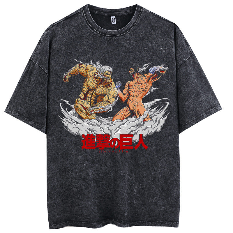 Attack on the giant pure cotton washed old cartoon print cartoon style t shirt