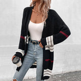 Women Knitted Sweater Autumn and Winter Long Sleeve Color Matching Long Sweater Cardigan Coat