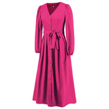 Women Date Dress Single-Breasted Cardigan Skirt V-neck Bubble Long Sleeve Dress