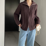 Women Cardigan Sweater Coat Long Sleeve Loose Zip Turn-down Collar Coat L1216
