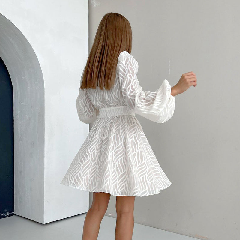 Women Dress Spring V-neck Lantern Sleeve A- line Skirt