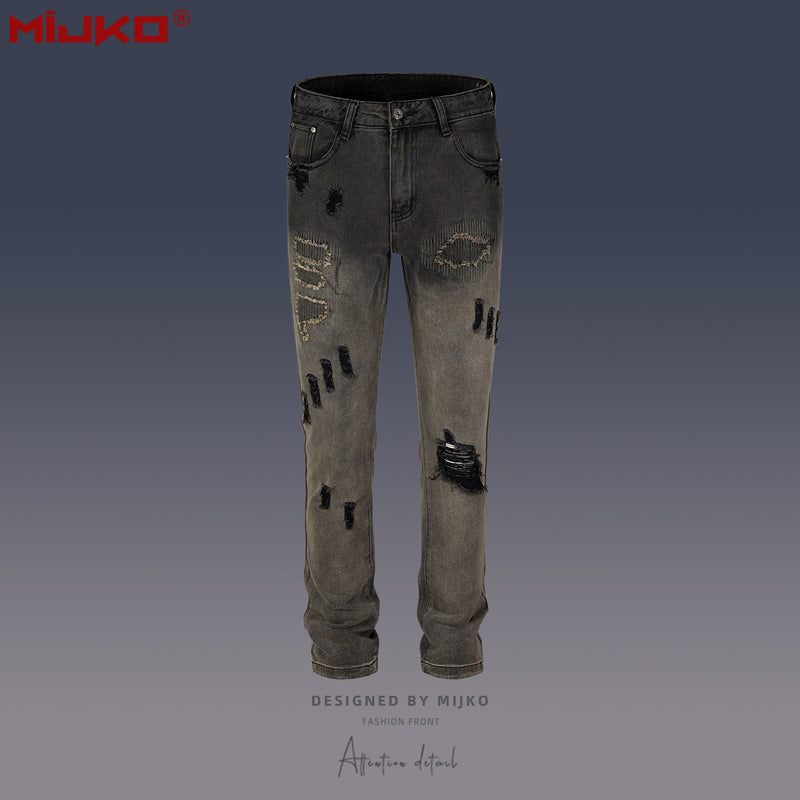 MIJKO Mens Vintage Pants Vintage Patch Unisex Jeans