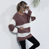 Women Knitted Sweater Striped Color Matching Sweater Sweater Women's Mid-Length