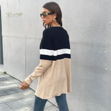 Women Knitted Sweater Autumn and Winter Leisure Contrast Color Long Sleeves Sweater Cardigan Coat