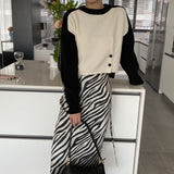 Women Winter Knitted Sweater Autumn Winter Sweater Sweater Button Color Contrast Patchwork Cropped Top 8t7311