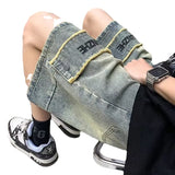 Men Jeans Denim Shorts Men's Washed-out Vintage Straight Wide Leg Pants