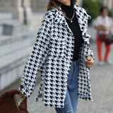 Women Trench Coat Autumn Leisure Long Sleeve Loose Houndstooth Mid-Length Flannel Blazer Collar Coat