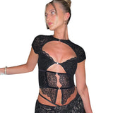 Women Dresses Spring Flocking Jacquard Hollow Top Straight-Leg Trousers