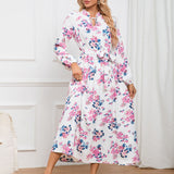 Women Date Dress Autumn Long Sleeve Lace Stand Collar Belt Long Dress