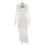 Women Dresses Hollow-out Stand Collar Long Sleeve Lace Dress