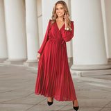 Women Date Dress Autumn and Winter V-neck Long Sleeve Pleated Dress
