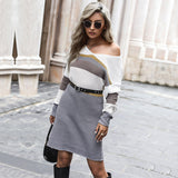 Women Knitted Sweater Autumn and Winter Leisure Women's Loose Long Sleeve V-neck Color-Block Long Sweater Dress