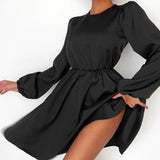 Women Dress Elegant Puff Sleeve round Neck Slim Fit Dress
