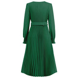 Women Date Dress Fall/Winter Slim Long Sleeve round Neck Pleated Long Dress
