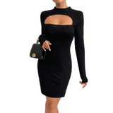 Women Dress Fall/Winter Slim Hip Knitwear Long Sleeve Mini Skirt Sexy Cutout Dress
