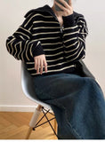 Women Knitted Pullover Vintage Stripe Lapel Knitwear Fall/Winter Loose Sweater Coat