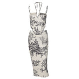 Women Dresses Summer Retro Style Slim-Fit Printed Skirt Two-Piece Suit (Bla0420)