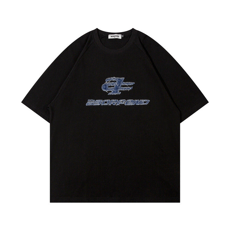 Men T Shirt Letter Denim Affixed Cloth Embroidered Short Sleeve T-shirt