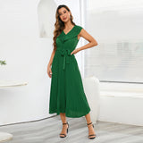 Women Date Dress Chiffon Pleated Dress Slim Fit Elegant Solid Color V-neck Dress