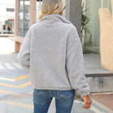 Women Trench Coat Autumn Plush Women's Knitted Long Sleeve Loose Lapel Pocket Zipper Cardigan Outerwear
