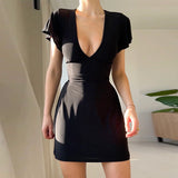 Women Dresses Sexy V-neck Short Sleeve Dress Hip Skirt