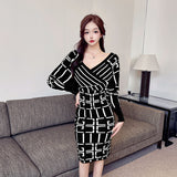 Women Maxi Dress Autumn and Winter V-neck Knitted Dress Package Hip Sweater Dress
