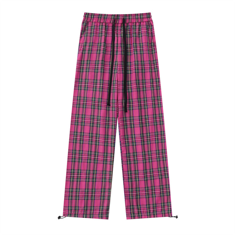 Men Sweatpants Color-Contrast Check Casual Straight Trousers Loose Wide Leg Pants Drawstring Jogger Pants