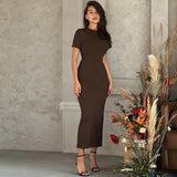 Women Dresses Winter Crew Neck Slim Back Lace-up Long Sleeve Dress