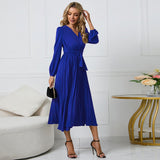 Women Date Dress Sexy V-neck Bubble Lantern Sleeve Pleated Skirt