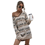 Women Knitted Sweater Fall V-neck Long Sleeve Letter off-Shoulder Knitted Sweater Dress