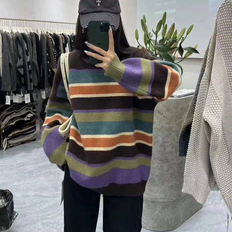 Women Knitwear Autumn and Winter Striped round Neck Sweater Loose Sweater