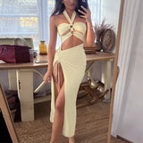 Women Dresse Long Skirt Hollow out Waist Back Slit Dress