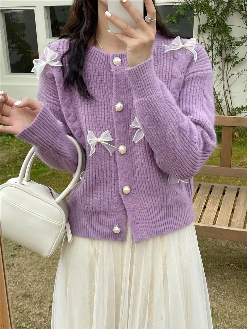 Women Knitwear Spring and Autumn round Neck Bow Silk Knitted Cardigan