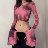 Women T-shirt Summer round Neck Pullover Horn Long Sleeve Casual Top