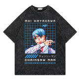 Washed retro T-shirt, chainsaw man cartoon print casual short sleeves